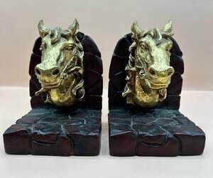 Vintage CBK Equestrian Ceramic Painted Horse Head Bookends 1997 Gold Cobblestone